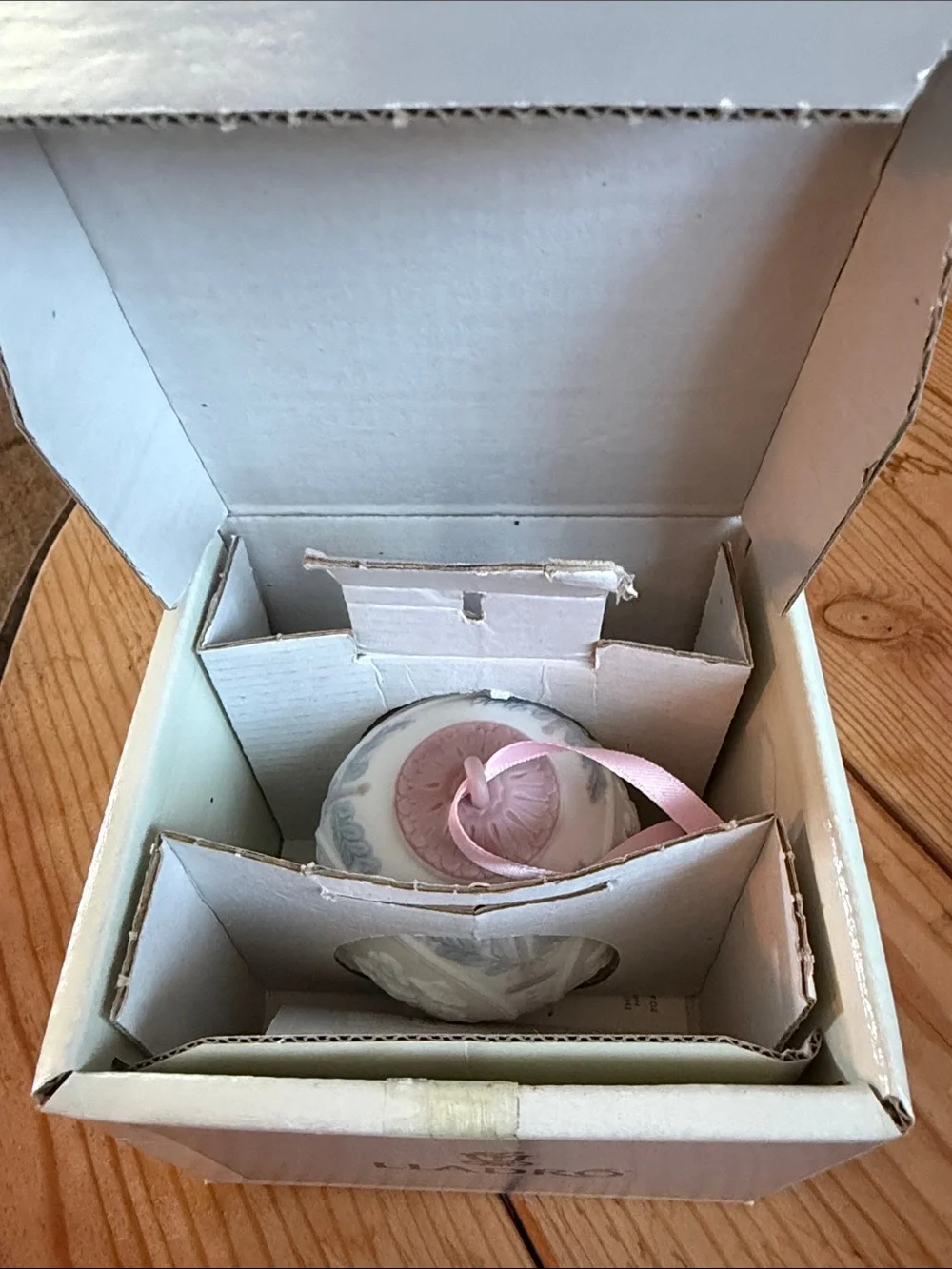 Lladro White Porcelain Holiday Ornament with Pink Top & Ribbon